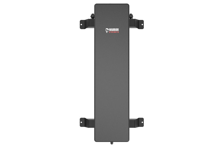Gray flat weight bench with black side handles and wheels, Warrior branding visible on pad