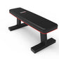 Black flat weight bench with red trim and padded seat, sturdy steel frame on white background