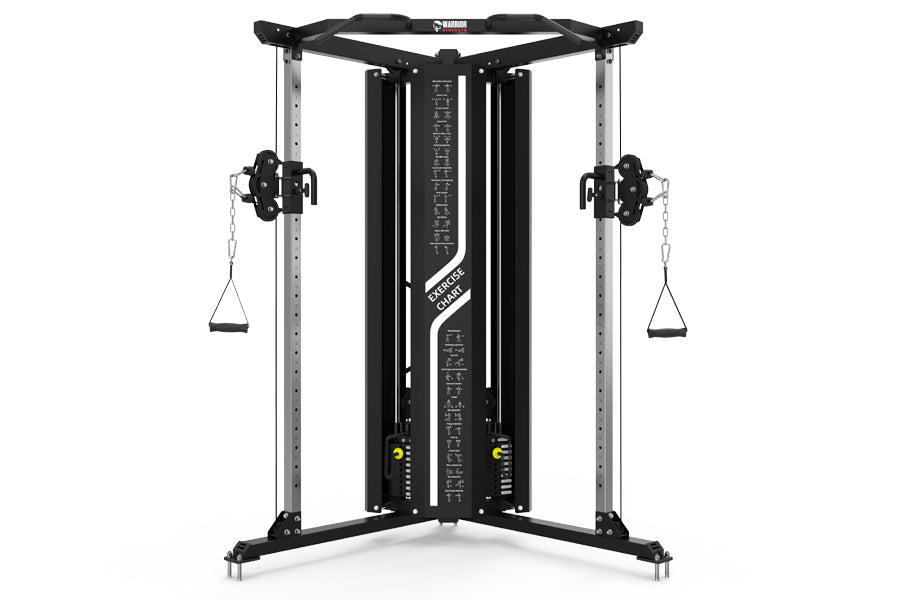 Warrior FT900 black and silver cable pulley functional trainer with dual weight stacks and suspended foot platforms on white 