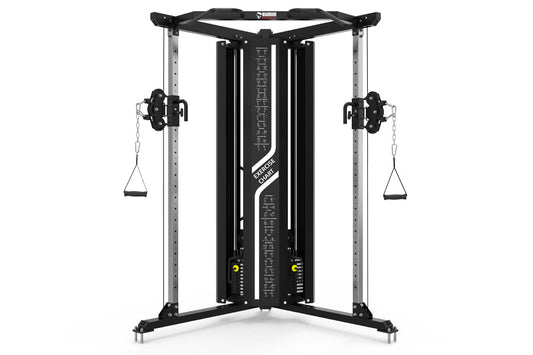 Warrior FT900 black and silver cable pulley functional trainer with dual weight stacks and suspended foot platforms on white 