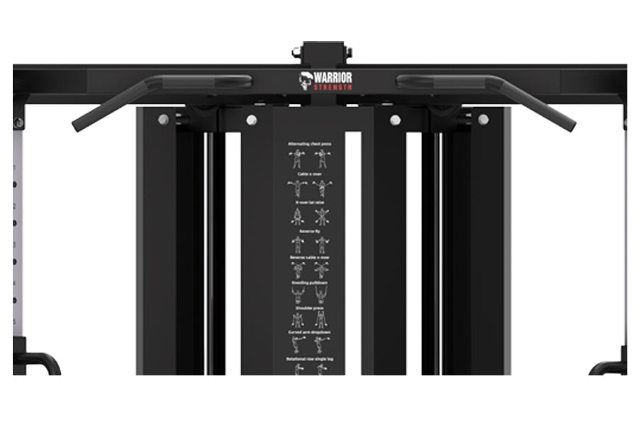 Warrior FT900 black cable pulley functional trainer home gym with dual weight stacks and exercise instruction chart