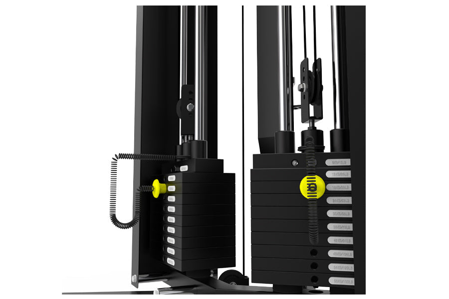 Black and silver Warrior FT900 cable pulley functional trainer with dual stacks, yellow adjustment knob, and overhead pulleys