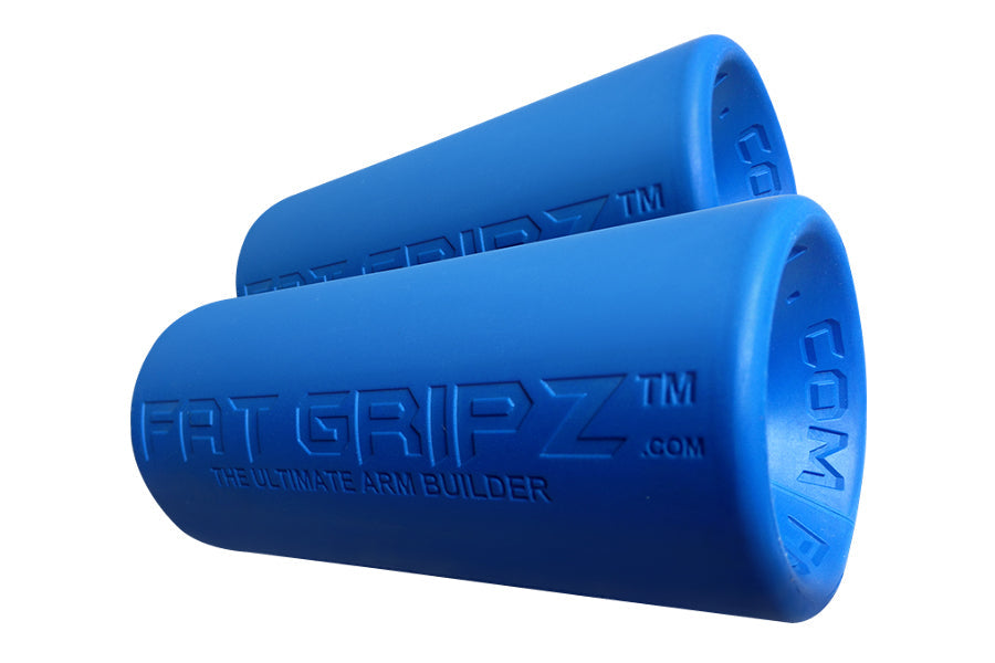 Two blue cylindrical fat gripz axle bar adapters with embossed branding, stacked on white background