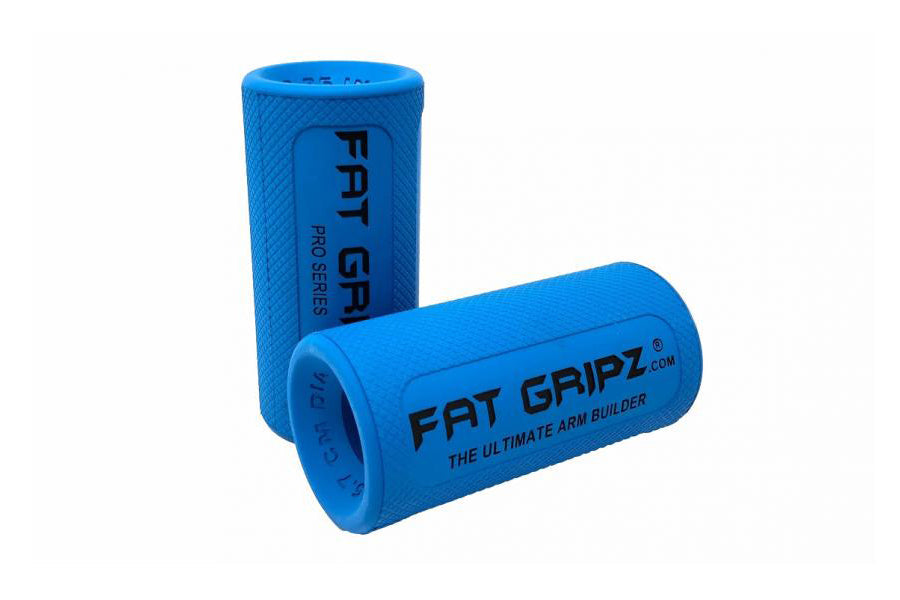 Pair of blue Fat Gripz Pro Series axle bar adapters with textured grip surface and black branding text on white background