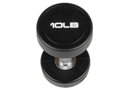 Warrior Elite 10LB black and gray urethane dumbbell with white logo, shown flat lay on white background