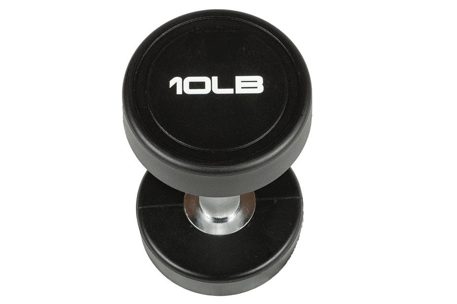 Warrior Elite 10LB black and gray urethane dumbbell with white logo, shown flat lay on white background