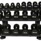 Three-tier black dumbbell rack holding 30 pairs of black dumbbells with white logos, on white background