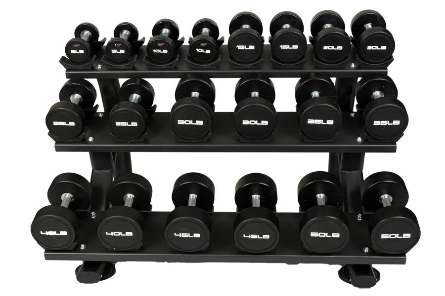 Three-tier black dumbbell rack holding 30 pairs of black dumbbells with white logos, on white background