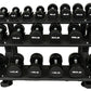 Three-tier black dumbbell rack holding 18 black urethane dumbbells with white text labels, on white background