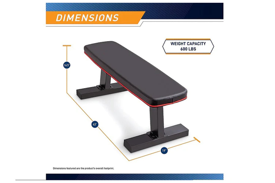 Warrior Flat Bench Pro with black padded seat, red trim, adjustable backrest, 600 lbs weight capacity, dimensions shown