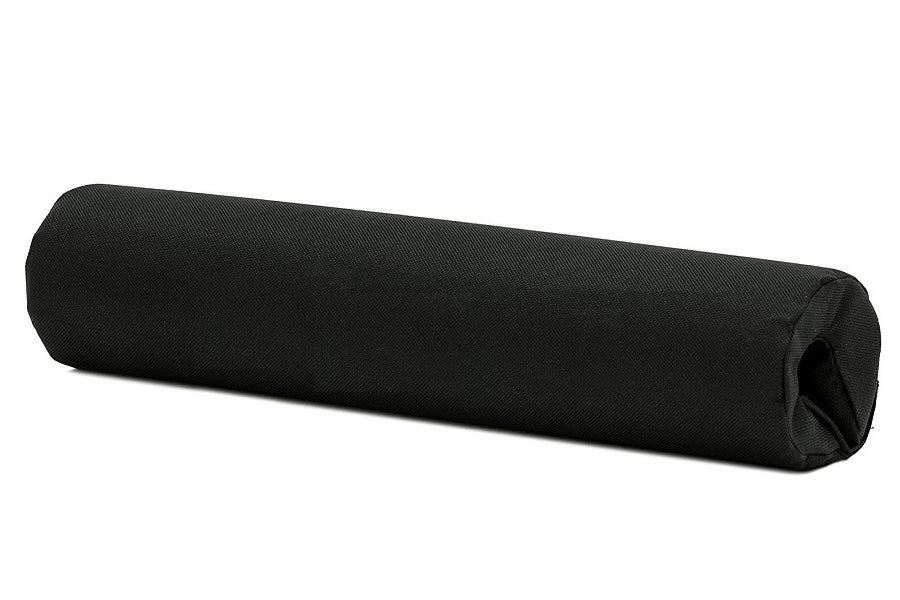 Black foam cylindrical shoulder pad with textured surface for barbell, on white background