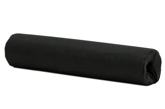 Black foam cylindrical shoulder pad with textured surface for barbell, on white background