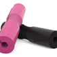 Pink and black foam squat pad with cylindrical cushioning and connector joint on white background