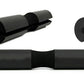 Black foam barbell squat pad with rubber grip center band, shown rolled and in use on weight bar, flat lay on white backgroun