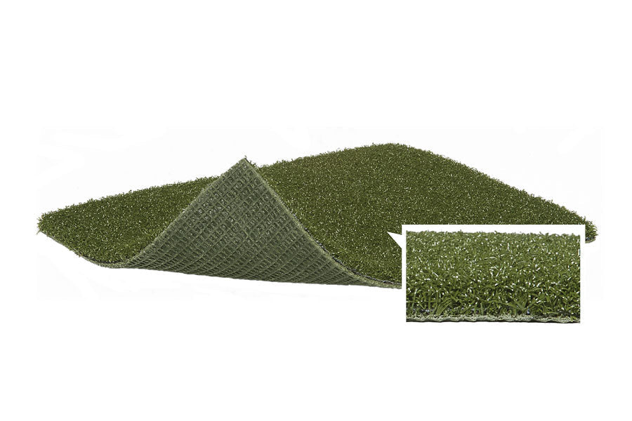 Green artificial turf roll with textured backing, shown flat lay on white background with close-up detail view