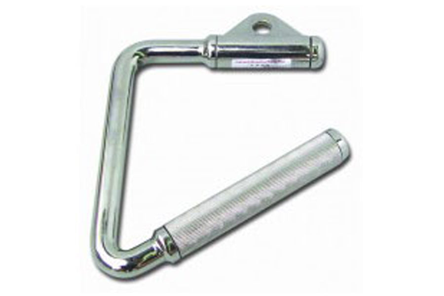 Warrior Garnett rotating angled stirrup handle with chrome finish and textured grip, flat lay on white background