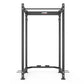 Black metal power rack with perforated upright posts, horizontal top bar, and safety catch arms, on white background