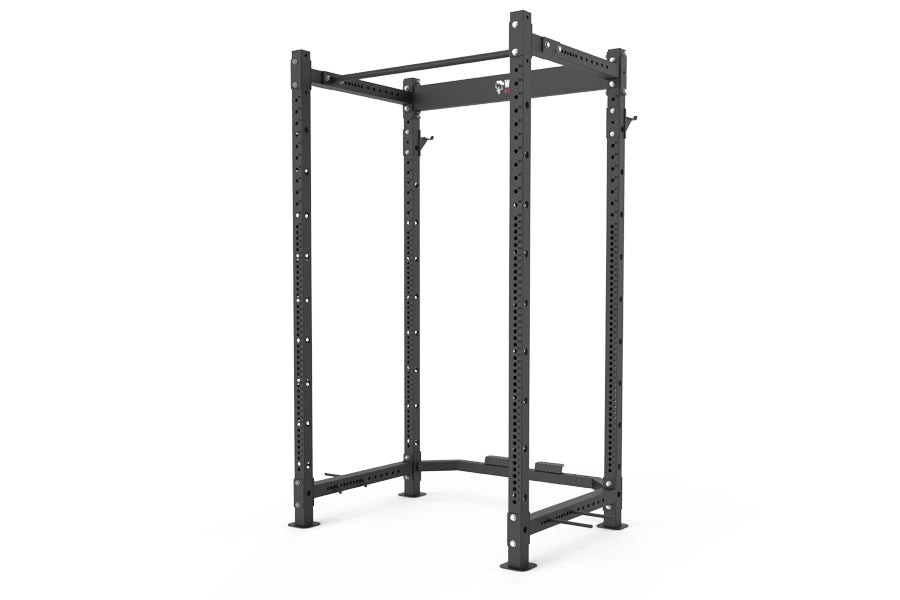 Black steel power rack with adjustable height uprights, horizontal top beam, and safety bars on white background