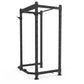 Black steel power rack with adjustable holes, pull-up bar, and reinforced base on white background