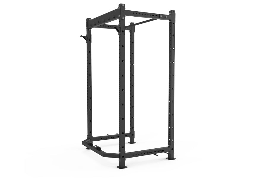 Black steel power rack with adjustable holes, pull-up bar, and reinforced base on white background