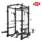 Black steel power rack cage with integrated lat pulldown and low row machine, featuring multiple attachment points and adjust