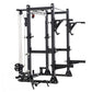 Black steel power rack with cable machine attachments, pull-up bar, and adjustable safety arms on white background