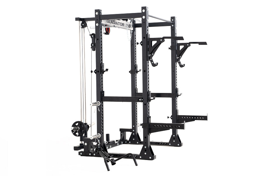 Black steel power rack with cable machine attachments, pull-up bar, and adjustable safety arms on white background