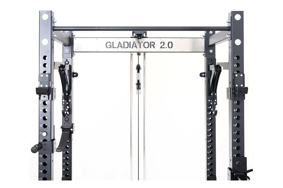 Warrior Gladiator 2.0 Pro Power Rack, black steel frame with white accent panels, dual adjustable pulley system, and integrat