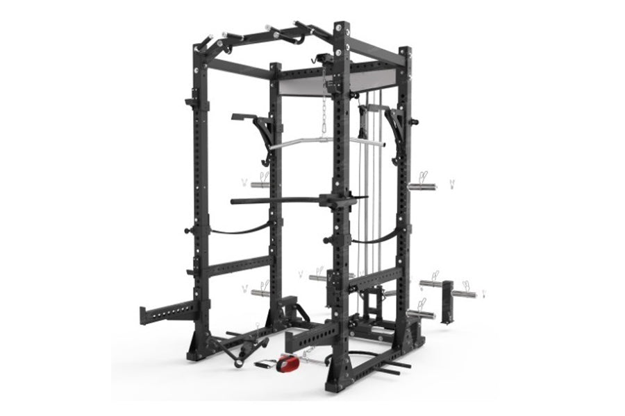 Black steel power rack cage with integrated lat pulldown and low row attachments, multiple weight plate pegs, and adjustable 
