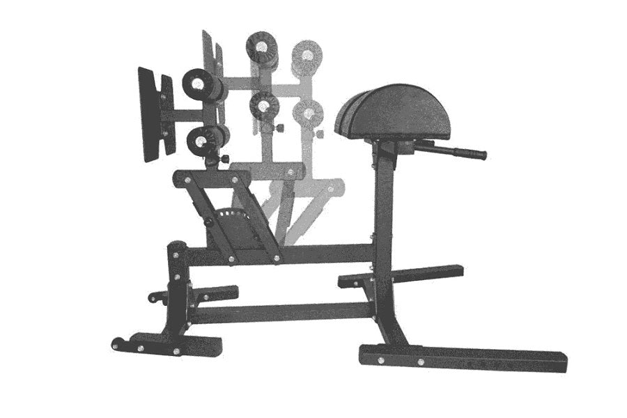 Black metal glute and ham developer machine with adjustable weight plates and padded seat, shown on white background