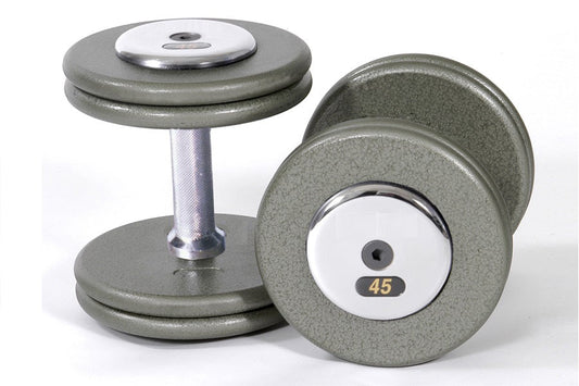 Pair of gray pro style dumbbells with chrome caps and handles, labeled 45 pounds, on white background
