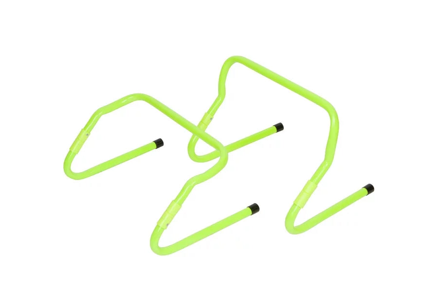 Neon yellow adjustable speed hurdles with black foot caps on white background