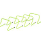 Set of five neon yellow adjustable speed hurdles with black feet on white background