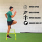 Man in teal shirt and black shorts performing high-knee exercise over yellow adjustable speed hurdle on grass with benefits l