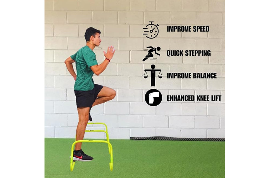 Man in teal shirt and black shorts performing high-knee exercise over yellow adjustable speed hurdle on grass with benefits l