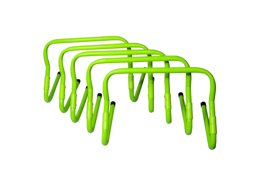 Warrior Adjustable Speed Hurdles, bright green metal training hurdles in graduated heights on white background