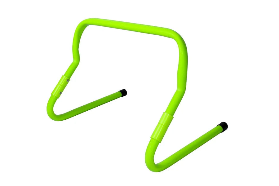 Warrior Adjustable Speed Hurdles in neon green with black foot pegs, shown flat lay on white background