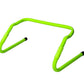 Bright green adjustable speed hurdles with black rubber feet on white background