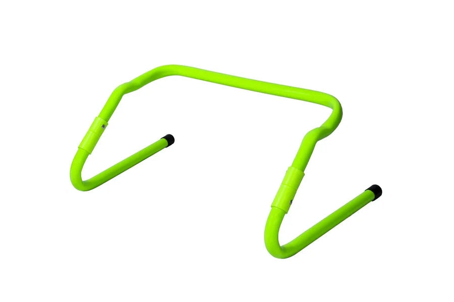 Bright green adjustable speed hurdles with black rubber feet on white background