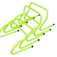 Set of 6 neon yellow adjustable speed hurdles with black foot caps on white background