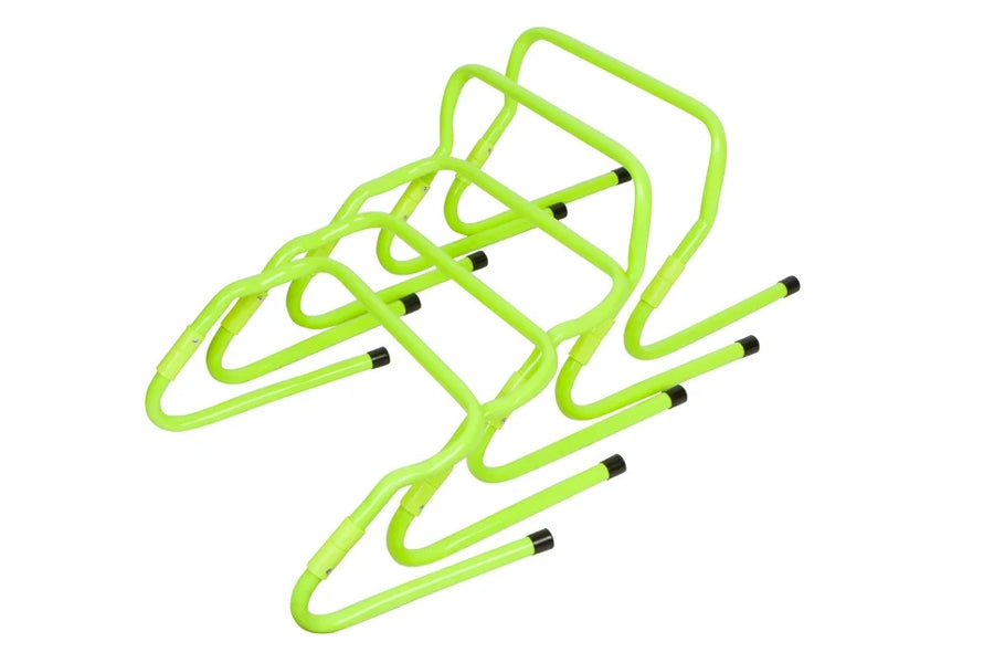 Set of 6 neon yellow adjustable speed hurdles with black foot caps on white background