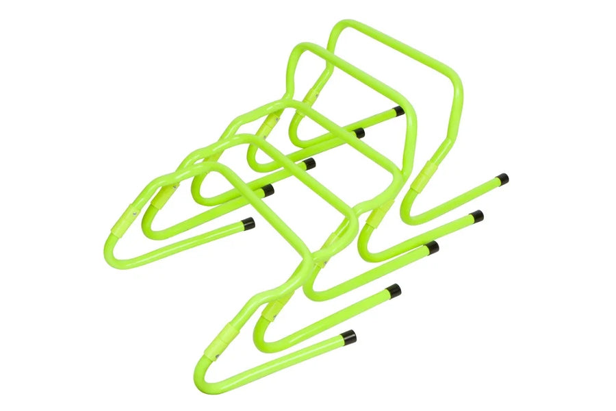 Lime green adjustable speed hurdles with black foot pads, stacked display on white background