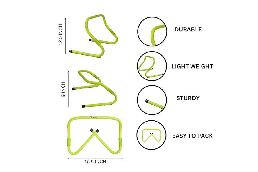 Warrior Adjustable Speed Hurdles in lime green, shown in three sizes with durable, light weight, and easy to pack features hi