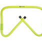 Neon yellow adjustable speed hurdle with black foot pegs, flat lay on white background