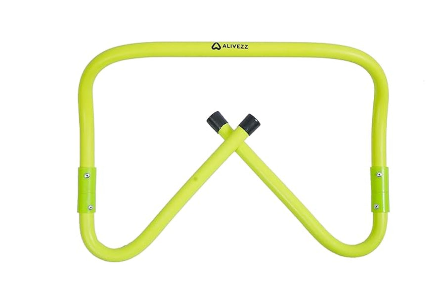 Neon yellow adjustable speed hurdle with black foot pegs, flat lay on white background