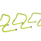 Three lime green adjustable speed hurdles with black feet on white background, flat lay view