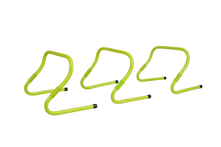 Three lime green adjustable speed hurdles with black feet on white background, flat lay view