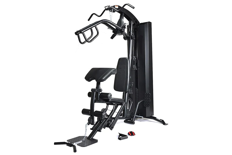 Black Warrior HG500 home gym with leg press, seated bench, and overhead arm pulldown machine on white background