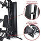 Black multi-station home gym with leg press, adjustable backpad with 3 horizontal positions, and leg press adjusting to 4 dif
