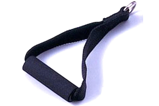 Black heavy duty strap cable handle with welded D ring and padded grip on white background